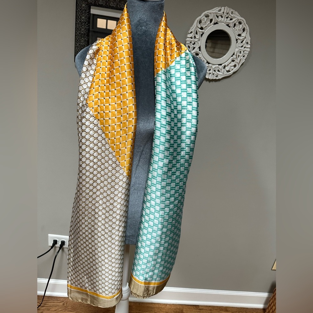 Pretty persuasions large scarf shawl wrap geometric bold print brown gold aqua